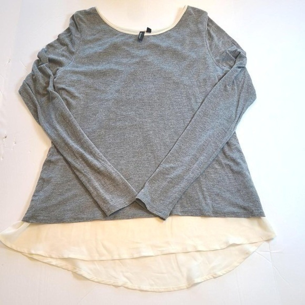 Cynthia Rowley‎ Gray Long Sleeve Top Cream Chiffon Hem Unique Cross Back Detail